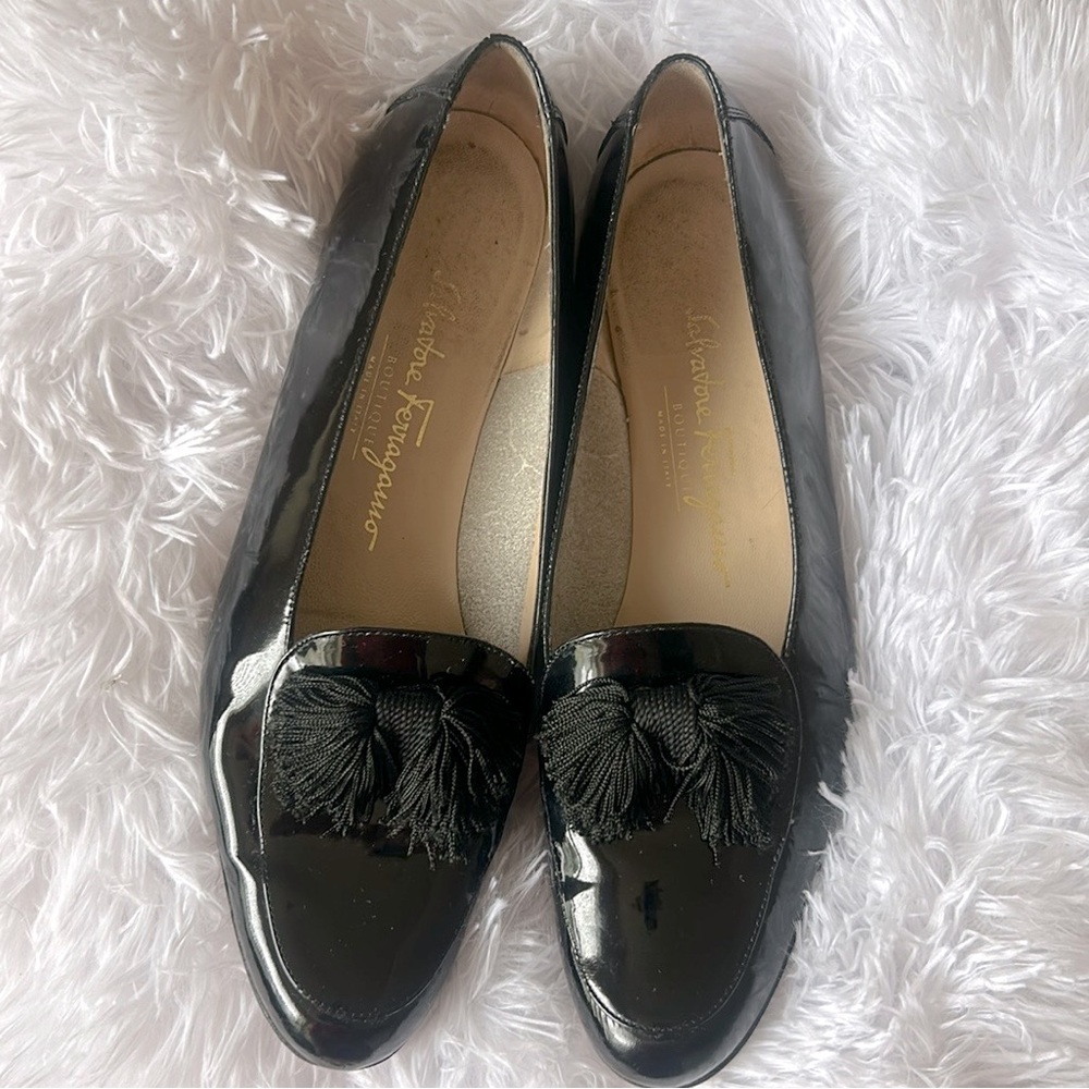 COPY - Salvatore Ferragamo Alberta Patent Leather Sq. Toe Tassel Bow Loafers Si…